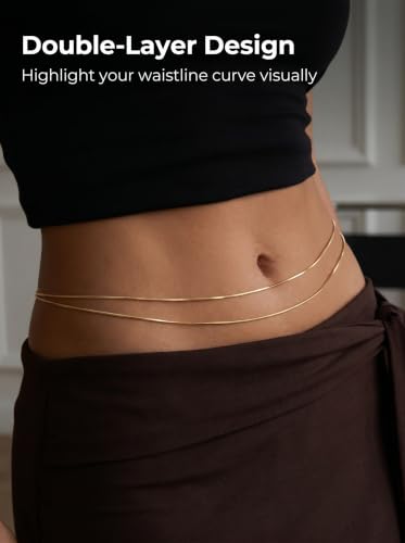 Gold Body Chain for Waist for Women 2Pcs, Jewelry for Beach Accessories | 26.77-52.36In, Adjustable, 14K Gold-plated, Waterproof, Equipped with 2 Extension Chains, Brass, Great for Beach/Dating/Party - style: Snake bone chain