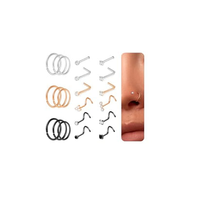 8PCS Titanium Nose Rings Stud, Gold Nose Ring for Women Men Hypoallergenic Nostril Hoops L Shape Nose Studs Corkscrew CZ Nose Piercing Jewelry Silver 18G & 20G Nose Ring Studs 2/2.5/3mm - style: 21Pcs-silver rose gold black