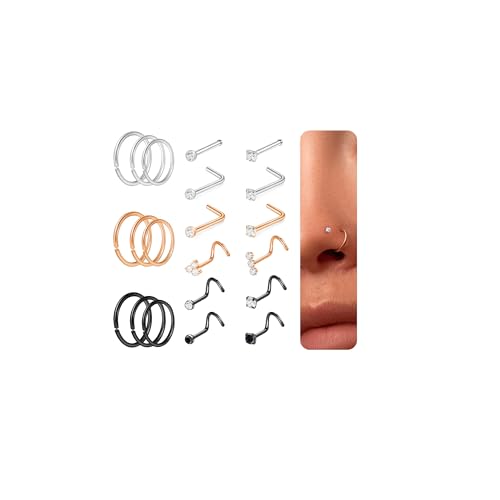 8PCS Titanium Nose Rings Stud, Gold Nose Ring for Women Men Hypoallergenic Nostril Hoops L Shape Nose Studs Corkscrew CZ Nose Piercing Jewelry Silver 18G & 20G Nose Ring Studs 2/2.5/3mm - style: 21Pcs-silver rose gold black