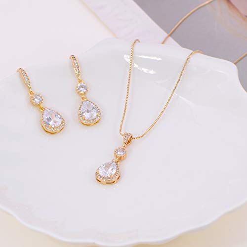 AMYJANE Elegant Jewelry Set for Women - Silver Teardrop Clear Cubic Zirconia Crystal Rhinestone Drop Earrings and Necklace Bridal Jewelry Sets Best Gift for Bridesmaids - style: Angle Tears (14k Yellow Gold Plated)
