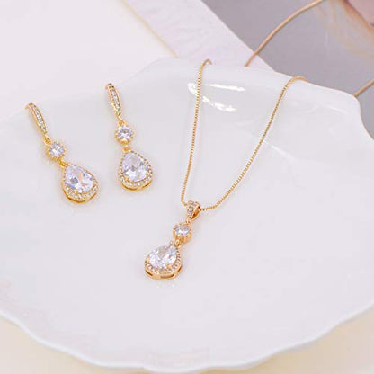 AMYJANE Elegant Jewelry Set for Women - Silver Teardrop Clear Cubic Zirconia Crystal Rhinestone Drop Earrings and Necklace Bridal Jewelry Sets Best Gift for Bridesmaids - style: Angle Tears (14k Yellow Gold Plated)