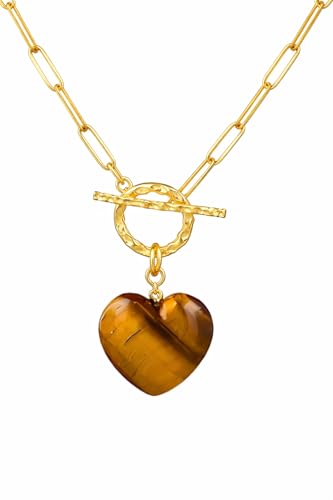 Gempires Gemstone Heart Pendant Necklace for Women, Gold Toggle Birthstone | Handmade gemstone heart pendant necklace — choose from 11 stones and birthstones, gold toggle paperclip chain. - color: Tiger Eye