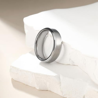 King Will Classic Tungsten Wedding Band for Men, 6/7/8/9/10mm Widths, Polished Finish Step Edge Matte Rings Comfort Fit - color: A-silver 6mm
