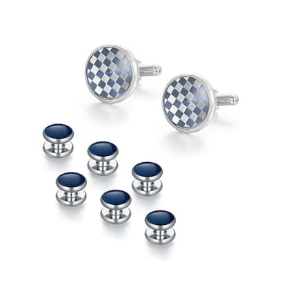 wynameleri Mens Tuxedo Shirt Button and Cuff Links Set, Classic Shirts Cufflink Studs, Formal Business Wedding Jewelry - color: Checkered-Blue