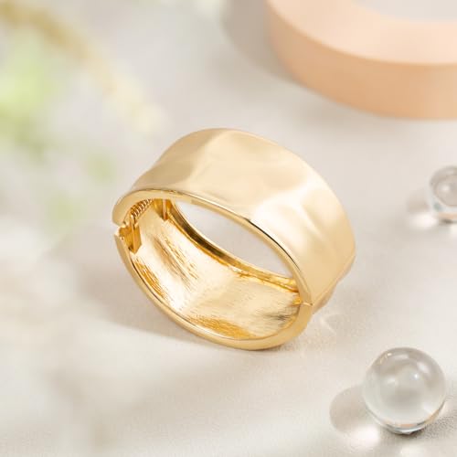 HZMAN Chunky Gold Cuff Bracelets for Women Thick Wide Bangle Bracelet Hammered Open Hinge Wrist Cuff Bracelet Jewelry Gift - color: 01.Hammered Gold