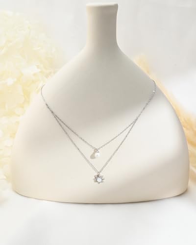 Silver Layered Necklaces For Women Double Chain Necklace With Pearl And Moonstone Sun Pendant 2Pcs Dainty Stackable Necklaces Cubic Zirconia Layered Necklace For Women Daily Wear