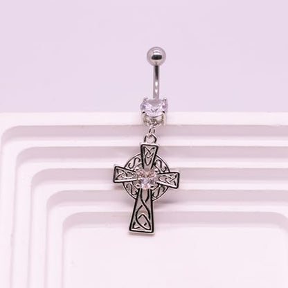 VERAMI 14G 316L Celtic Cross Belly Button Ring Surgical Steel Paved Gems Dangling Belly Button Ring Body Piercing Jewelry - color: Silver：C-4