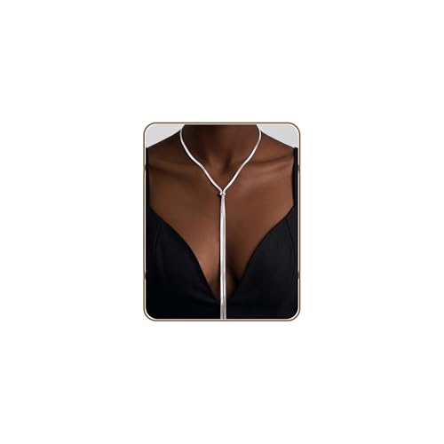 Chunky Long Y Necklace for Women, Waterproof Herringbone Drop Dangle Necklace, Adjustable Lightweight Trendy Fashion Slip Tie Necklace, Thin Layered Choker Chest Chain - color: Silver