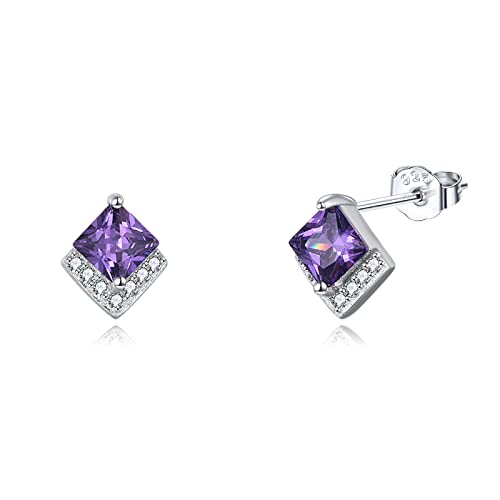Birthstone Stud Earrings Sterling Silver Square Created Crystal Earrings Cubic Zirconia Hypoallergenic Piercing Jewelry Small Gifts for Women Mothers - color: Feb-Amethyst
