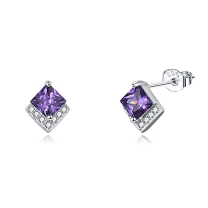 Birthstone Stud Earrings Sterling Silver Square Created Crystal Earrings Cubic Zirconia Hypoallergenic Piercing Jewelry Small Gifts for Women Mothers - color: Feb-Amethyst