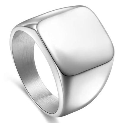 Men's Stainless Steel Square Biker Signet Ring, Black Silver Gold Styles | plain flat top, polished and brushed finish options, chunky profile, pinky or thumb styling, gift-ready for dad or him - color: Silver
