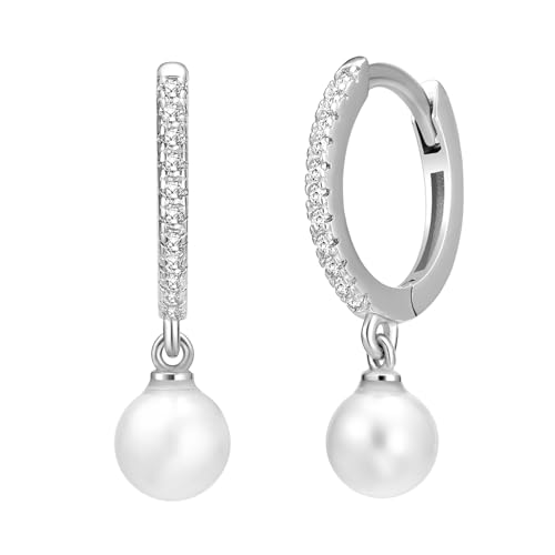 Solid 925 Sterling Silver Faux Pearl Dangle Hoop Earrings for Women, Dainty Drop Huggie Earrings with Charm Jewelry Gift for Her - color: Silver