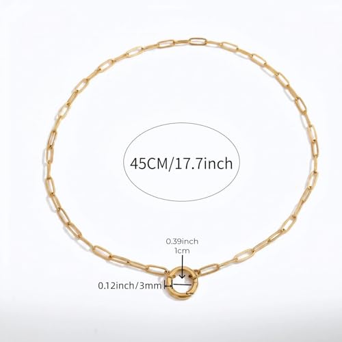 14K Gold Plated Paperclip Chain Necklace，Open Carabiner Spring Clasp for DIY Add-On Pendant Adjustable Gold Necklace for Women - color: GOLD