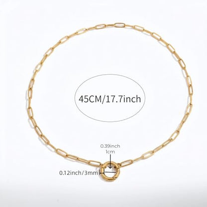 14K Gold Plated Paperclip Chain Necklace，Open Carabiner Spring Clasp for DIY Add-On Pendant Adjustable Gold Necklace for Women - color: GOLD