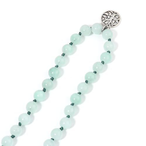 108 Mala Beads Necklace Semi-Precious Gem Stones Meditation Necklace 108 Hand Knotted Japa Mala Beaded Tassel Necklace with Tree of Life Pendant - color: Aventurine