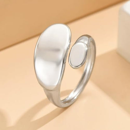 Irregular Polished Plain Rings Adjustable Oval Statement Ring For Women Chunky Open Finger Ring Fashion Minimalist Engagement Promsie Gifts - color: Silver