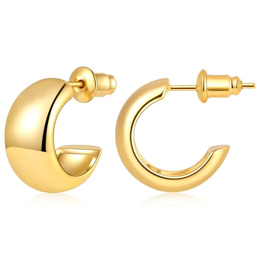 Gamicy Small Gold Hoop Earrings for Women with 925 Stering Silver Post | 14K Gold Plated Hoop Earrings for Women Trendy, Chunky Lightweight Hoops Earrings - color: Gold, size: 15MM