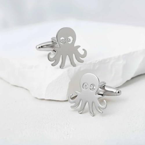 Men’s Octopus Cufflinks – Stainless Steel Ocean-Themed Cuff Links with Gift Box & Polishing Cloth – Available in Silver & Gold - color: steel