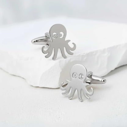 Men’s Octopus Cufflinks – Stainless Steel Ocean-Themed Cuff Links with Gift Box & Polishing Cloth – Available in Silver & Gold - color: steel
