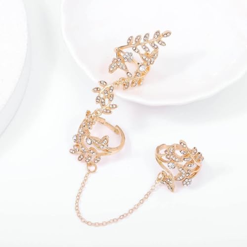 Rhinestone Finger Ring for Women Sparkly Crystal Butterfly Flower Leaf Adjustable Statement Chain Rings Punk Jewelry - color: Gold Leaf