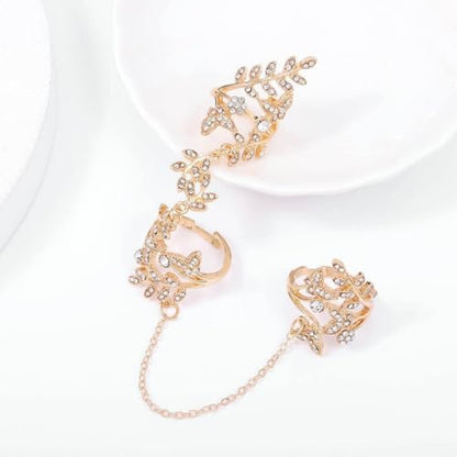 Rhinestone Finger Ring for Women Sparkly Crystal Butterfly Flower Leaf Adjustable Statement Chain Rings Punk Jewelry - color: Gold Leaf