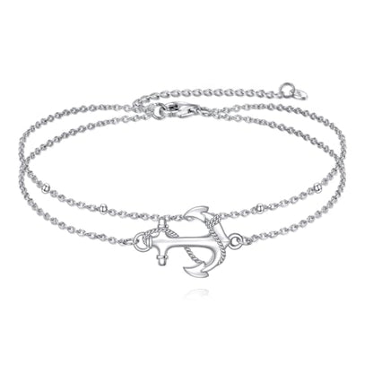 925 Sterling Silver Cat Butterfly Anklets Double Layered Chain for Birthday Women Ankle Bracelet Summer Beach Dainty Jewelry - style: Anchor Anklet
