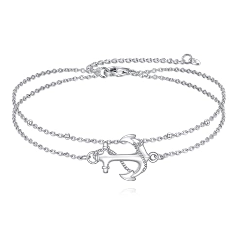 925 Sterling Silver Cat Butterfly Anklets Double Layered Chain for Birthday Women Ankle Bracelet Summer Beach Dainty Jewelry - style: Anchor Anklet