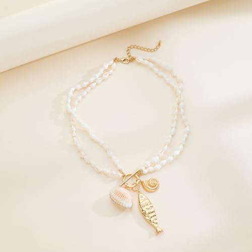Shell Necklaces for Women Trend Boho Scarf Necklaces Ocean Mermaid Conch Seashell Necklace Summer Gold Fish Necklace Fashion Beach Jewelry - color: Shell fish beaded necklace
