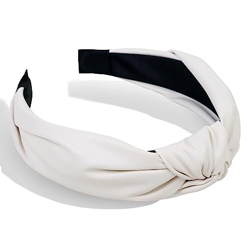 Huachi Leather Headbands for Women - Knotted Fashion Top Knot Headband, Creamy White Hairband for Girls - Hair Accessories - color: Cream White