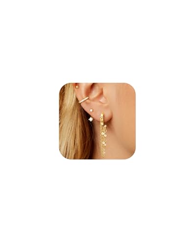 Tassel Chain Small Gold Hoop Dangle Earring For Women Huggie Earring Heart Star CZ 14K Gold Plated Fashion Jewelry Graduation Gift for Her Mothers Day Gifts for Mom - color: Gold-4 Pairs B