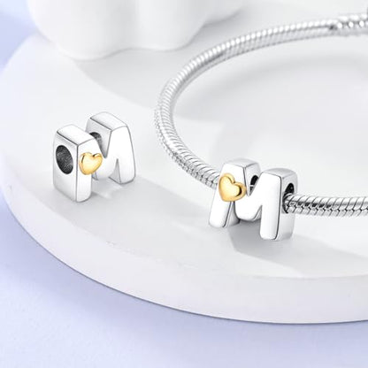 925 Sterling Silver Letter Charms A-Z for Bracelet Necklace Alphabet Bead | Heart letter A B C D G J charm initial gold Pendant beads Jewelry Gift for Women - color: Letter M