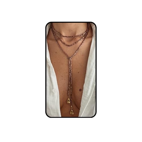 Green Beaded Lariat Necklace with Baroque Pearl Drops – Adjustable Wrap Y Style Jewelry, Beach and Bohemian Outfit Accessory for Women - color: Vintage Brown