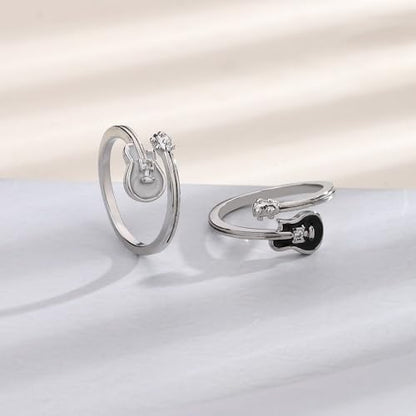Adjustable Leaf Stackable Rings for Women Cubic Zirconia Stones Blue Leaves Purple Flower Open Band Stacking Finger Sliver Rings Fashion Plant Floral Aesthetic CZ Jewelry - color: white guitar
