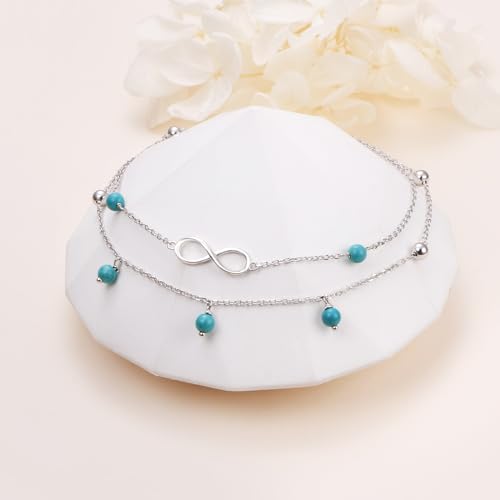 Flyow Anklet for Women S925 Sterling Silver Adjustable Foot Beaded Heart Charm Ankle Bracelet Anklets Jewelry - style: Turquoise infinity