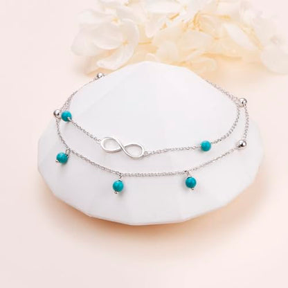 Flyow Anklet for Women S925 Sterling Silver Adjustable Foot Beaded Heart Charm Ankle Bracelet Anklets Jewelry - style: Turquoise infinity