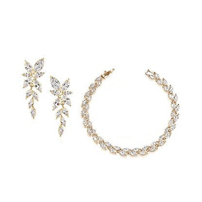Elegant Marquise CZ Wedding Jewelry Set for Women Bride Bridesmaid | Sparkling Cubic Zirconia Earrings Bracelet, Prom Homecoming & Formal Occasions Accessories - color: 18K Gold