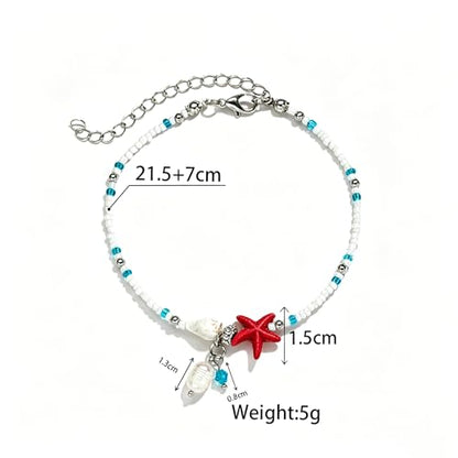 Beaded Ankle Bracelets for Women Boho Starfish Shell Pearl Beaded Ankle Bracelets Stacked Strench Silver Ankle Bracelet Non Tarnish Adjustable Hawaiian Summer Beach Surfer Foot Jewelry - color: Red