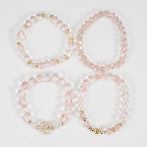 Boho Beaded Bracelet Set for Women - 4 Pcs Multilayer Stackable Crystal Glass Bead Bracelets with Faux Pearl Elastic Stretch Fashion Jewelry for Daily Wear, Beach, Party & Gifts - color: Pink