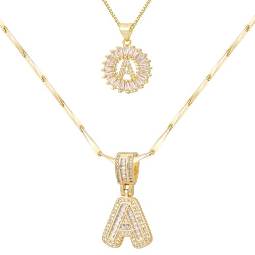 2PCS Initial Necklaces for Women, 14K Gold Plated Letter Pendant Set | Trendy Layered Bling Style, Meaningful Letter & Round CZ Pendant Design - color: Gold, style: Letter A