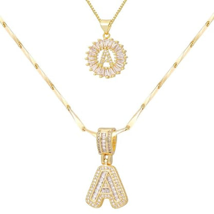 2PCS Initial Necklaces for Women, 14K Gold Plated Letter Pendant Set | Trendy Layered Bling Style, Meaningful Letter & Round CZ Pendant Design - color: Gold, style: Letter A