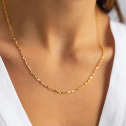 Gold Silver Necklace Chain With Adjustable Lobster Clasp, Diamond Cut Geometric Gold Beads Stationed on Dainty 2mm Cable Box Chain, 16 Inches Rolo Oval Figaro Link Singapore Chain. - color: Gold01