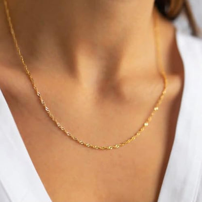 Gold Silver Necklace Chain With Adjustable Lobster Clasp, Diamond Cut Geometric Gold Beads Stationed on Dainty 2mm Cable Box Chain, 16 Inches Rolo Oval Figaro Link Singapore Chain. - color: Gold01
