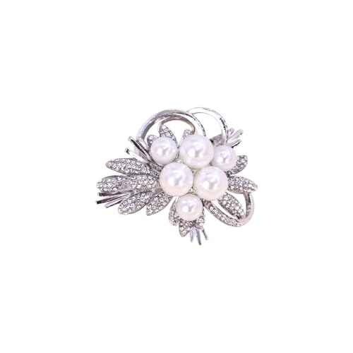 Elegant Floral Brooch Pins for Women, Crystal Pearl Rhinestone CZ Flower Lapel Pin Wedding Party Exquisite Brooches and Pins for Women Ladies - color: Silver+White