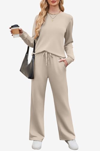 WIHOLL Lounge Sets for Women 2 Piece Travel Vacation Outfits Fall 2026 Sweatsuit Tracksuit - color: Beige, size: X-Large
