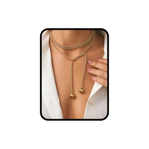 Green Beaded Lariat Necklace with Baroque Pearl Drops – Adjustable Wrap Y Style Jewelry, Beach and Bohemian Outfit Accessory for Women - color: Gold Ball Drop