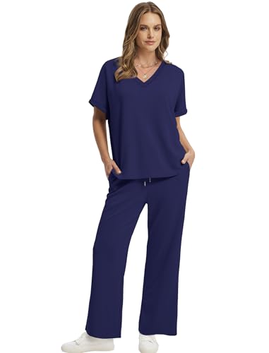 Sampeel Lounge Sets for Women V Neck Turn-UP Sleeves Tops Wide Leg Pants 2 Piece Sets Oversized Summer Vacation Outfits 2026 - color: Dark Blue, size: Medium