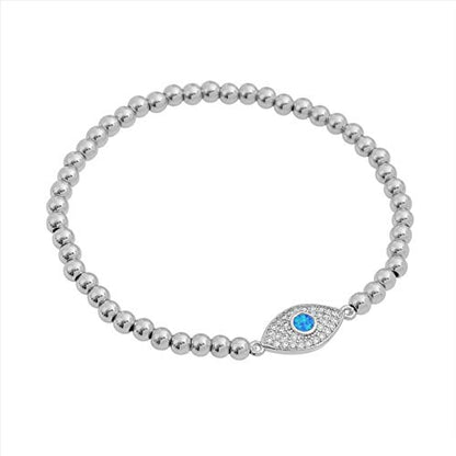 Women Evil Eye Ball chain Elastic bracelet with CZ Cubic Zirconia - color: Opal Silver
