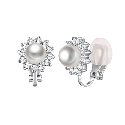 Pearl Clip On Earrings for Women, Austrian Crystal Halo | 14K Gold-Plated Finish, Comfortable Clip-On Fit, Non-Pierced Earrings, Soft Silicone Pads Included, Gift Box Included - color: White Pearl /Silver-Tone