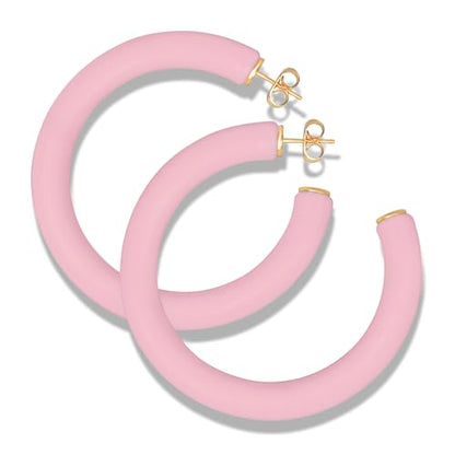 Gold Plated Multicolor Resin Chunky Thick Open Hoop Earrings in 57MM and 37.5MM Diameters - color: Pink - Pastel - Matte Finish, size: 57MM (2.24") Diameter