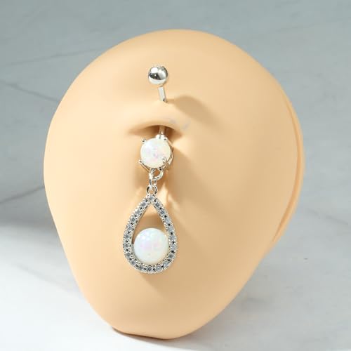 QWALIT Belly Button Rings 14G Surgical Steel Belly Rings CZ Opal Navel Piercing Jewelry for Women Girls 3/8" 10mm Silver Rose Gold - color: D2- dangle 2pcs- silver
